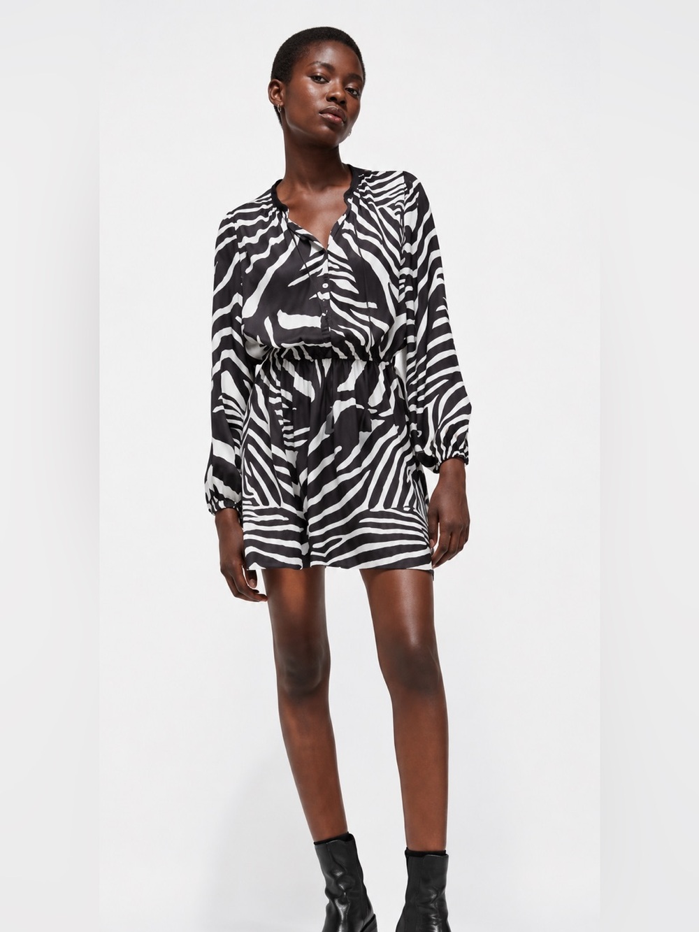 The Kooples Zebra Print Long Sleeve Split Neck Tassel Mini Dress Black White NEW